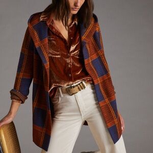 Anthro Field Flower Plaid Wool Sweater Coat